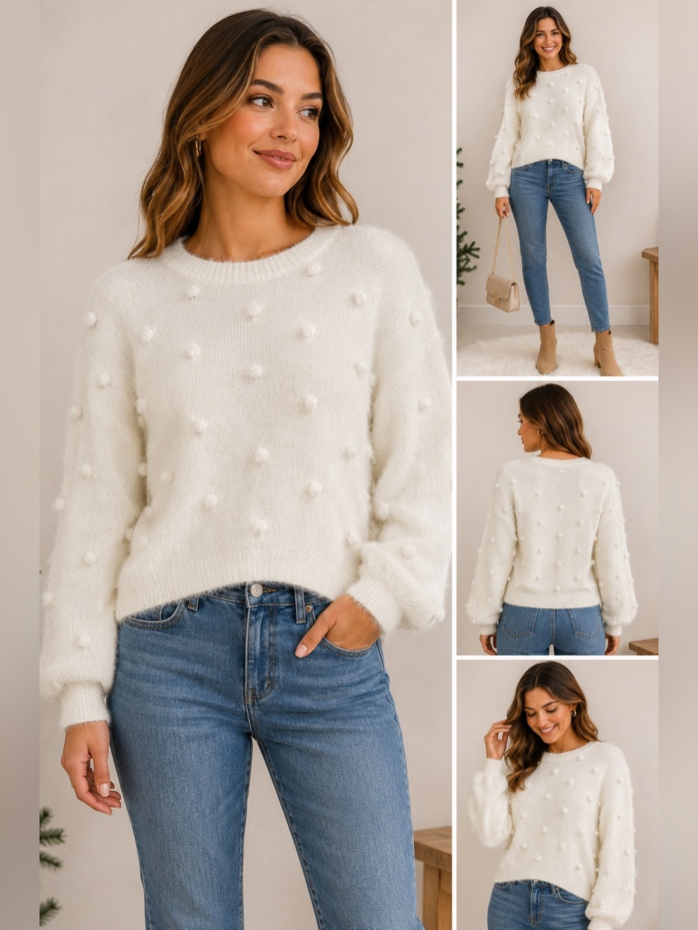 Jun & Ivy Ivory Pom Pom Fuzzy Sweater Womens Small Balloon Sleeve Cozy Knit